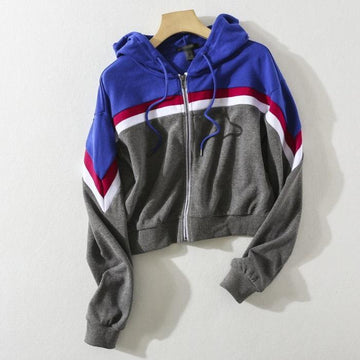 Striped Two Tone Zip-Up Fleeced Hoodie