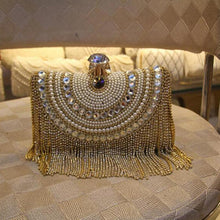 Load image into Gallery viewer, Beaded Tassel Evening Gold Clutch