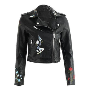 Floral Embroidery PU Leather Jacket