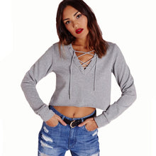 Load image into Gallery viewer, Lace-Up V-Neck Sweatshirt