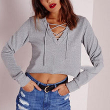 Load image into Gallery viewer, Lace-Up V-Neck Sweatshirt