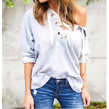 Load image into Gallery viewer, Lace-Up V-Neck Sweatshirt