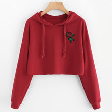 Load image into Gallery viewer, Rose Embroidery Crop Hooded Shirt