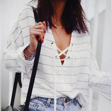 Load image into Gallery viewer, Striped Lace-Up V-Neck Sweatshirt