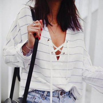 Striped Lace-Up V-Neck Sweatshirt