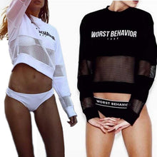 Load image into Gallery viewer, &#39;WORST BEHAVIOR&#39; Mesh Crop Sweatshirt