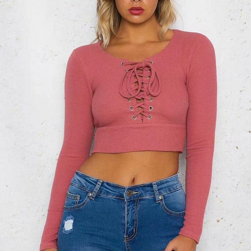 Lace-Up Knitted Crop Shirt