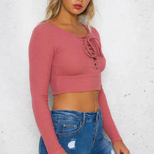 Load image into Gallery viewer, Lace-Up Knitted Crop Shirt