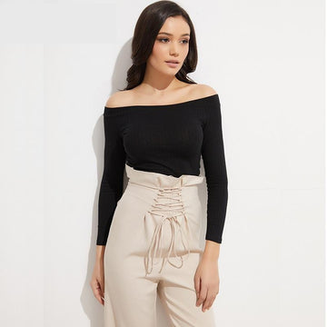 Solid Crop Knitted Off-Shoulder