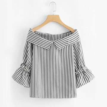 Striped Flare Sleeve Off-Shoulder