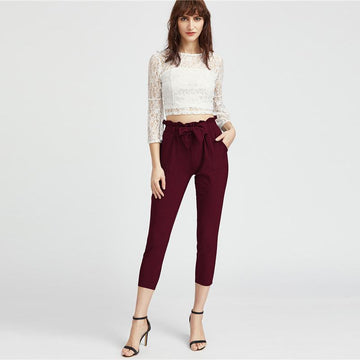 Burgundy Bow Tie Elastic Waist Pants