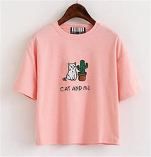 Load image into Gallery viewer, Cat &amp; Cactus Embroidery T-Shirt