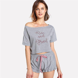 'Rise and Grind' Pajama Top & Frill Hem Shorts (2 Piece Set)