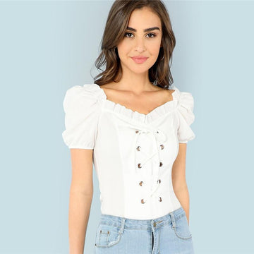 Frill Collar Puff Sleeve T-Shirt