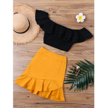 Off-Shoulder Crop Top & Ruffled Mini Skirt (2 Piece Set)
