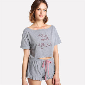 'Rise and Grind' Frill Hem Pajamas Set (2 Piece Set)