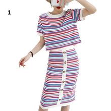 Load image into Gallery viewer, Striped T-Shirt &amp; Button-Up Bodycon Skirt (2 Piece Set)