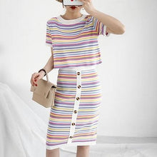 Load image into Gallery viewer, Striped T-Shirt &amp; Button-Up Bodycon Skirt (2 Piece Set)