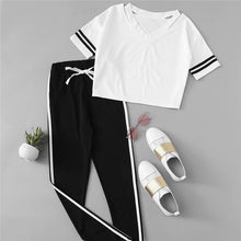 Load image into Gallery viewer, Striped V-Neck T-Shirt &amp; Elastic Waist Pants (2 Piece Set)