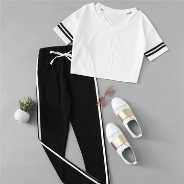 Striped V-Neck T-Shirt & Elastic Waist Pants (2 Piece Set)