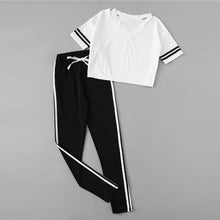 Load image into Gallery viewer, Striped V-Neck T-Shirt &amp; Elastic Waist Pants (2 Piece Set)