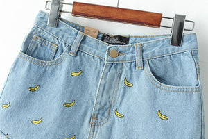 Banana Embroidery Denim Shorts