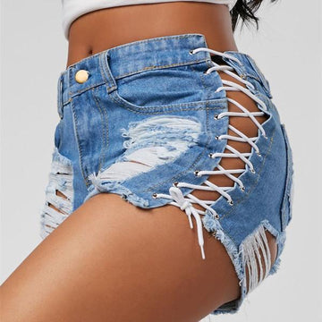Shredded Lace-Up Denim Shorts