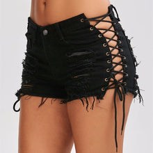 Load image into Gallery viewer, Shredded Lace-Up Denim Shorts