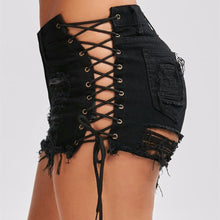 Load image into Gallery viewer, Shredded Lace-Up Denim Shorts