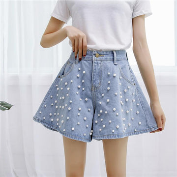 Beading Design A-Line Denim Shorts