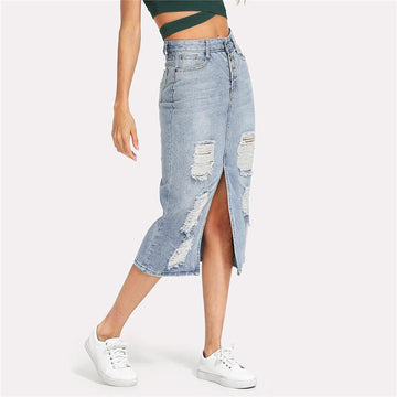Shredded Long Sheath Denim Skirt