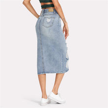 Load image into Gallery viewer, Shredded Long Sheath Denim Skirt