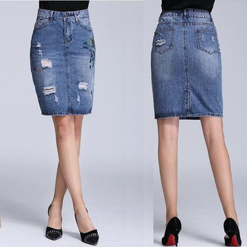 Shredded Pencil Denim Skirt
