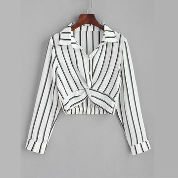 Striped Turn-Down Collar Crop Shirt