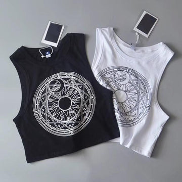 Gothic Sun & Moon Symbol Crop Tank Top