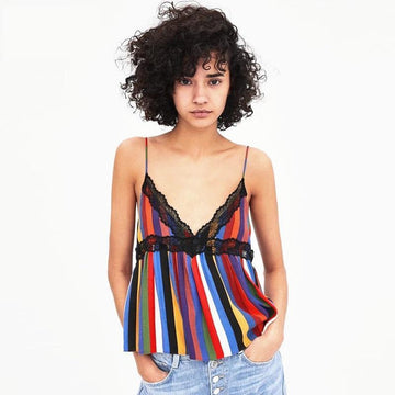 Lace Patchwork Striped Tank Top
