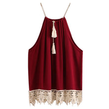 Load image into Gallery viewer, Lace Trimmed Tassel Wine Red Tank Top
