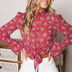 Bow Tie Flare Sleeve Thin Blouse