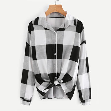 Bow Tie Plaid Turn-Down Collar Shirt