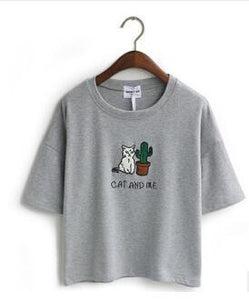 'CAT AND ME' Embroidery T-Shirt (4 Colors)
