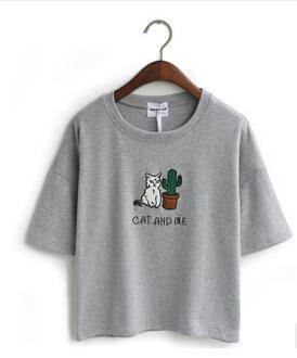 'CAT AND ME' Embroidery T-Shirt (4 Colors)