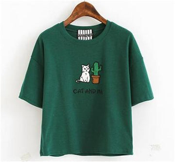 Cat & Cactus Embroidery T-Shirt