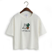 Load image into Gallery viewer, Cat &amp; Cactus Embroidery T-Shirt