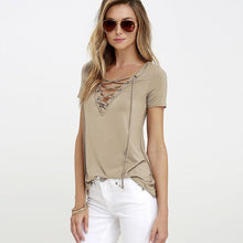 Load image into Gallery viewer, Deep V-Neck Lace-Up T-Shirt
