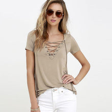Load image into Gallery viewer, Deep V-Neck Lace-Up T-Shirt