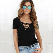 Load image into Gallery viewer, Deep V-Neck Lace-Up T-Shirt