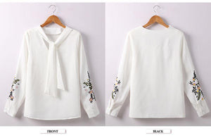 Floral Embroidery Bow Tie Blouse