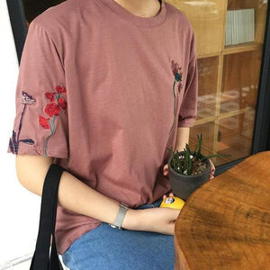 Floral Embroidery Long T-Shirt (2 Colors)