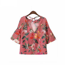 Load image into Gallery viewer, Floral Striped Shirts Backless Bow Tie Blouse