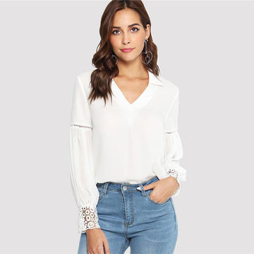 Lace Cuff V-Neck Blouse